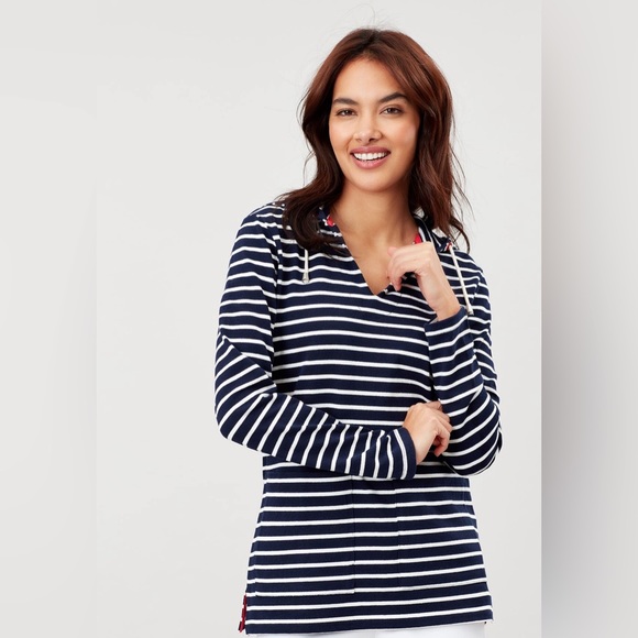 🐝 NWOT Joules Lisa V Neck Pop Over Hoodie Navy White Size 8 - Picture 2 of 12